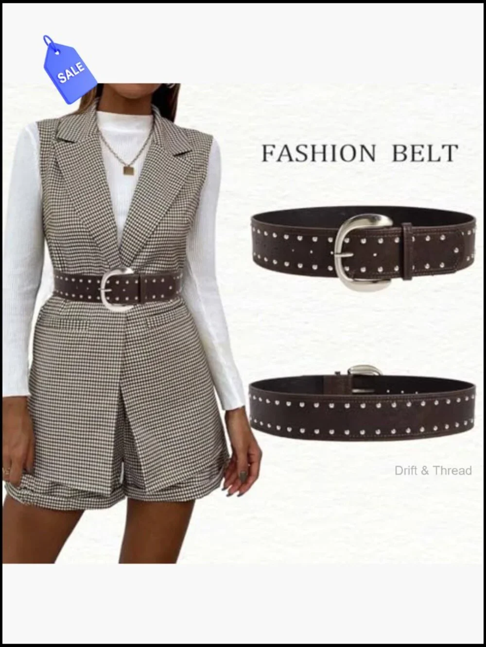 Chunky Wide Buckle Belt with Silver Rivets for Dresses Pants Y2K Cowgirl Punk